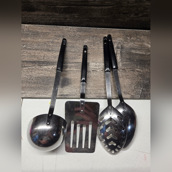 Ashton Stainless Serving Utensils Vintage MCM Set 1970s Black Gold Wheat White - Picture 2 of 4